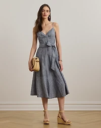 Striped Belted Linen Sleeveless Dress