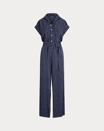 Striped Belted Twill Wide-Leg Jumpsuit