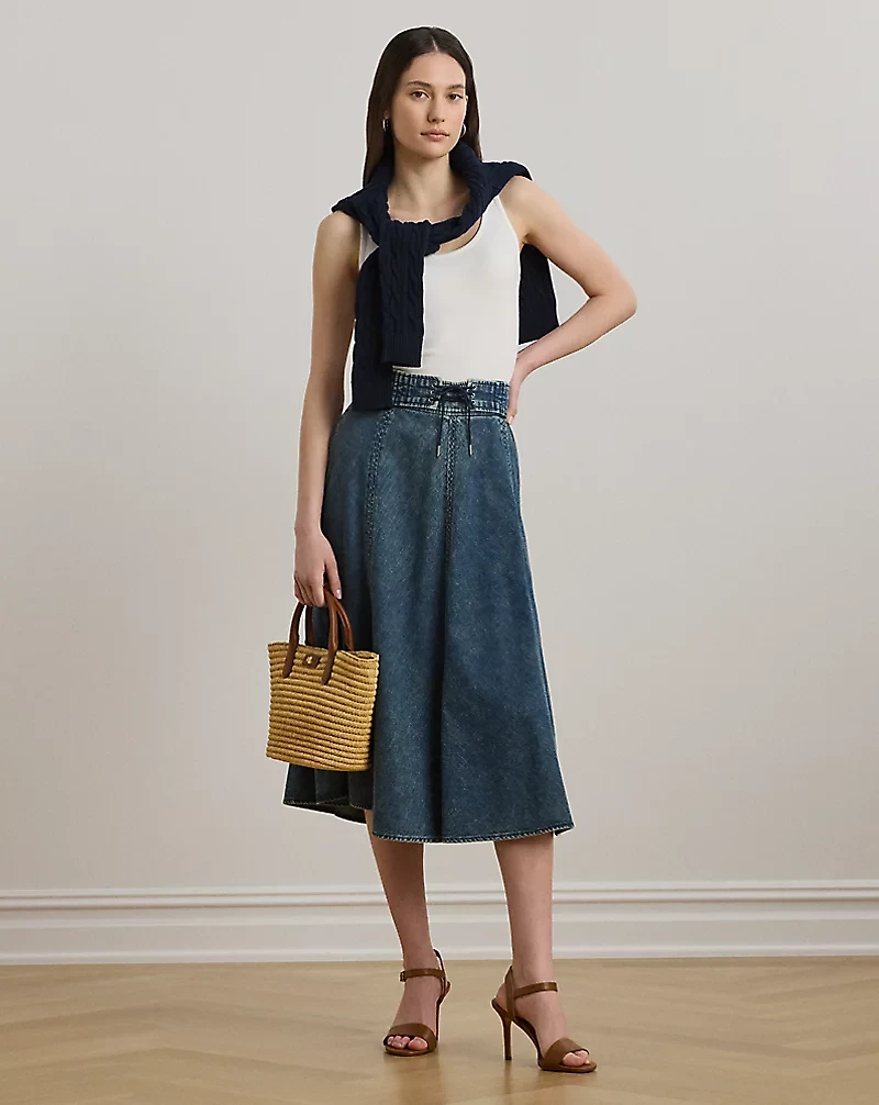 Denim Drawcord Midi Skirt