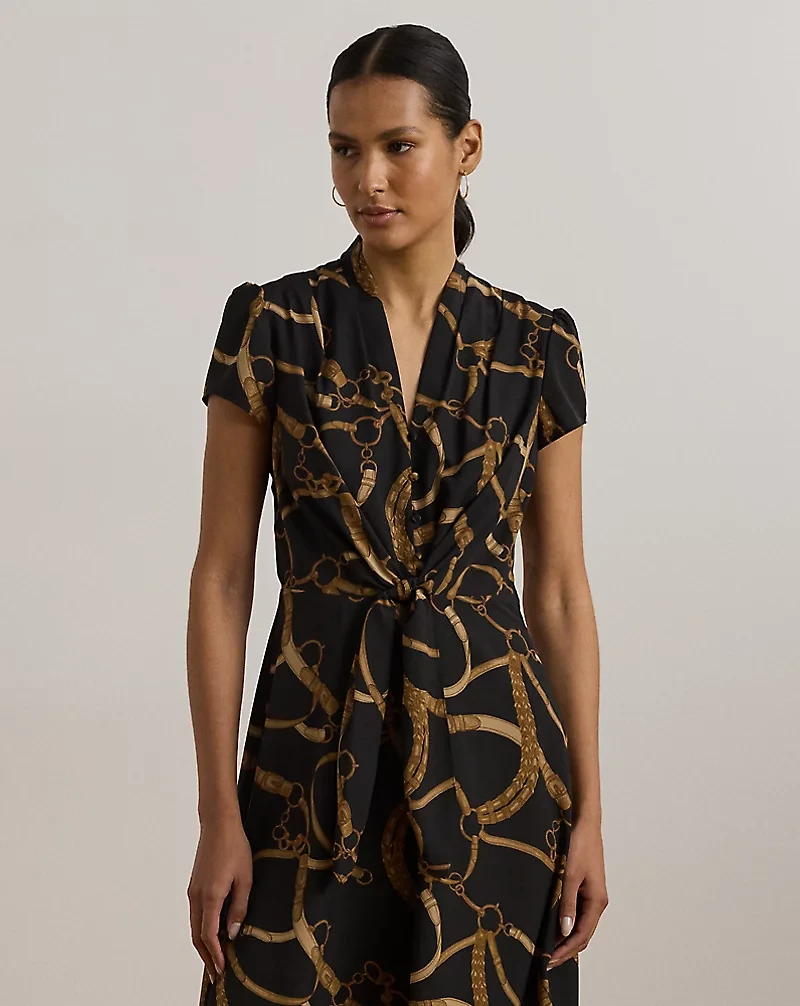Belting-Print Crepe Tie-Front Dress