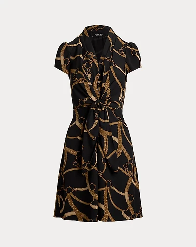 Belting-Print Crepe Tie-Front Dress