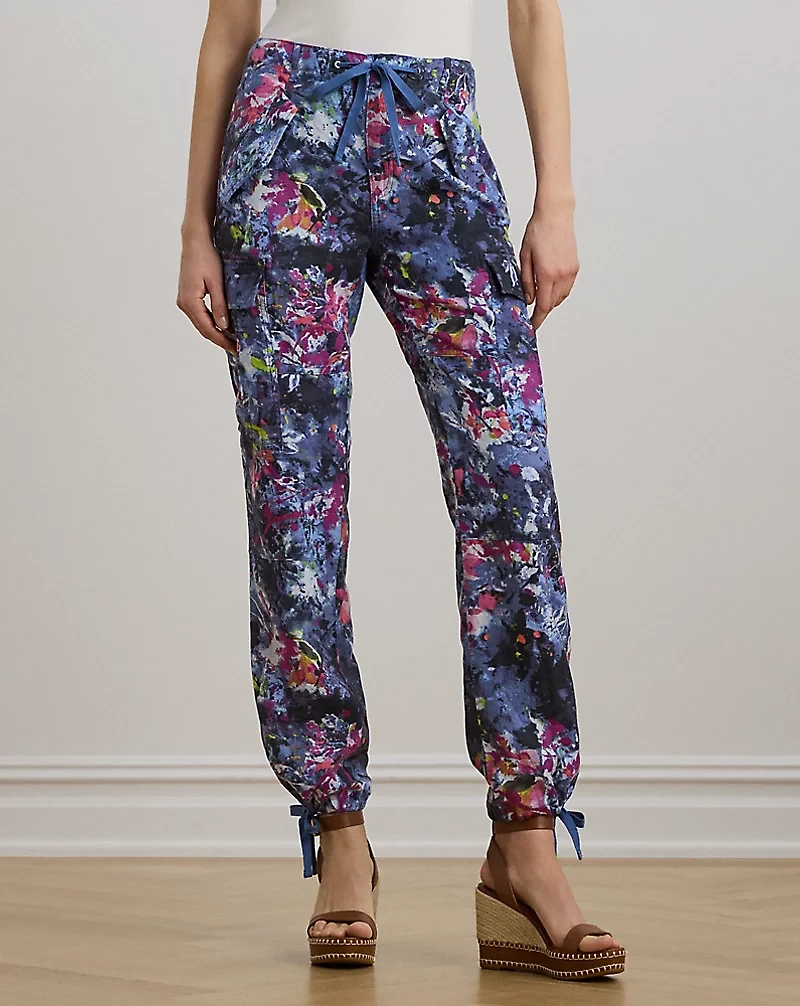Print Linen Cargo Ankle Pant