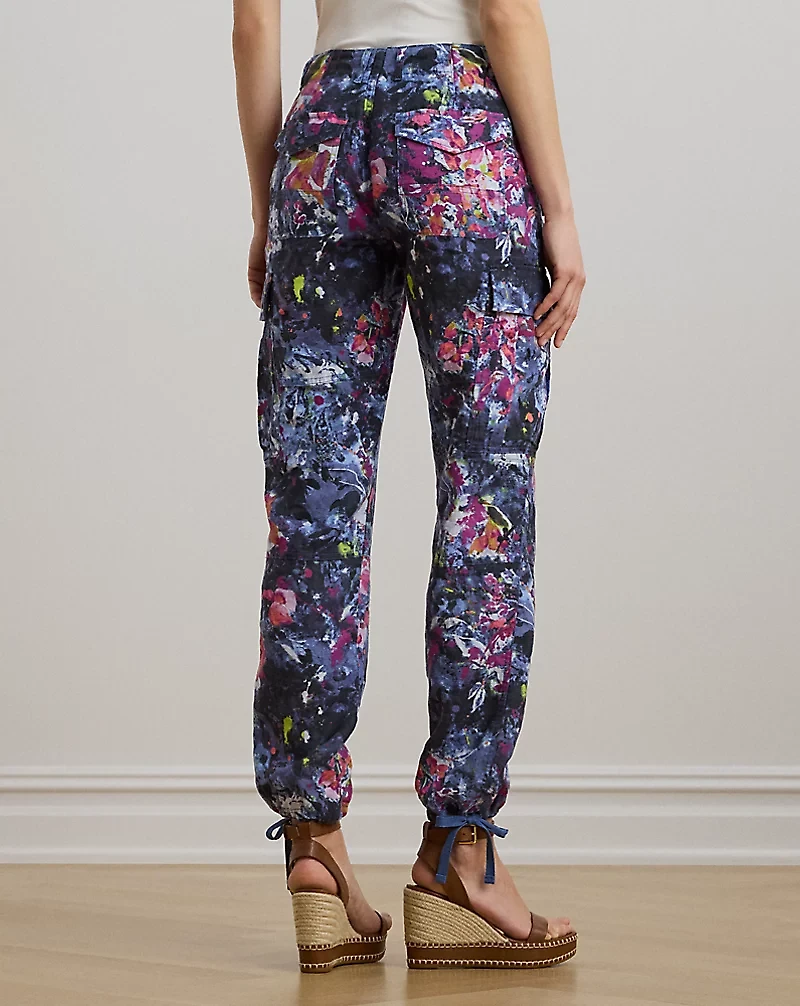 Print Linen Cargo Ankle Pant