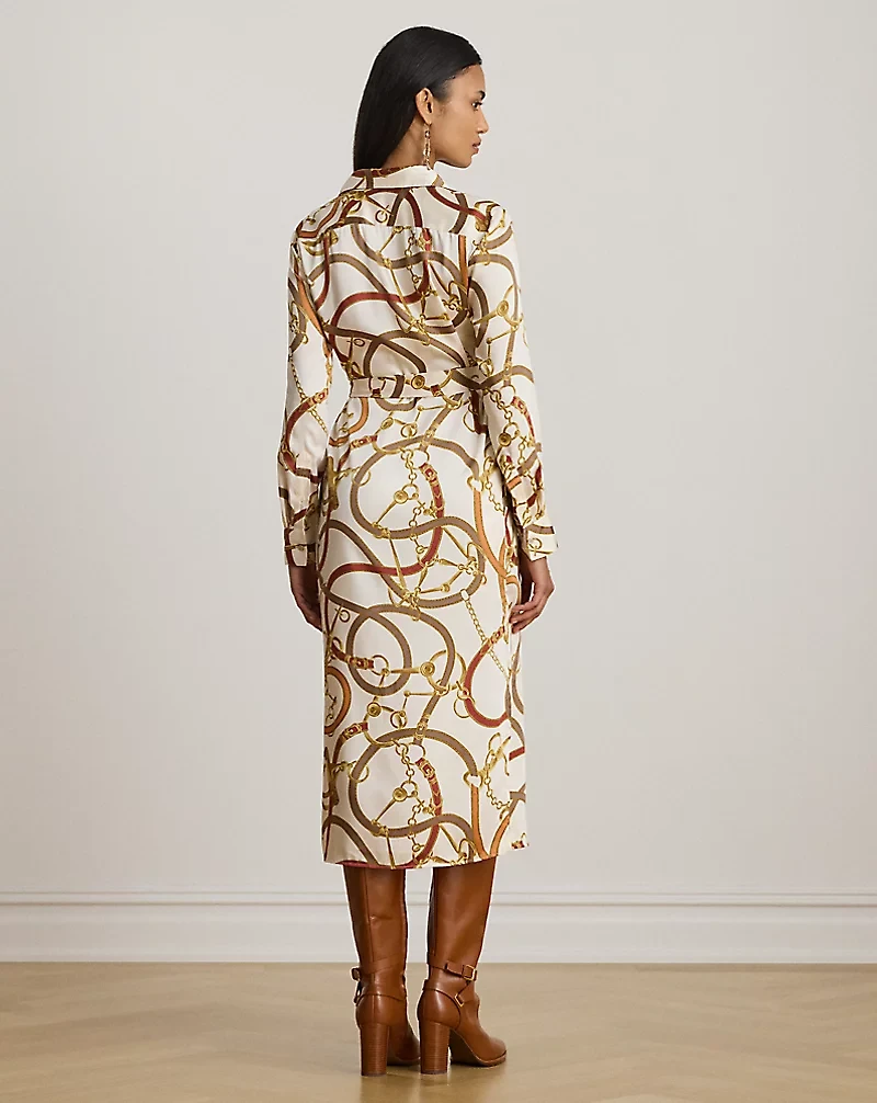 Belting-Print Twill Shirtdress