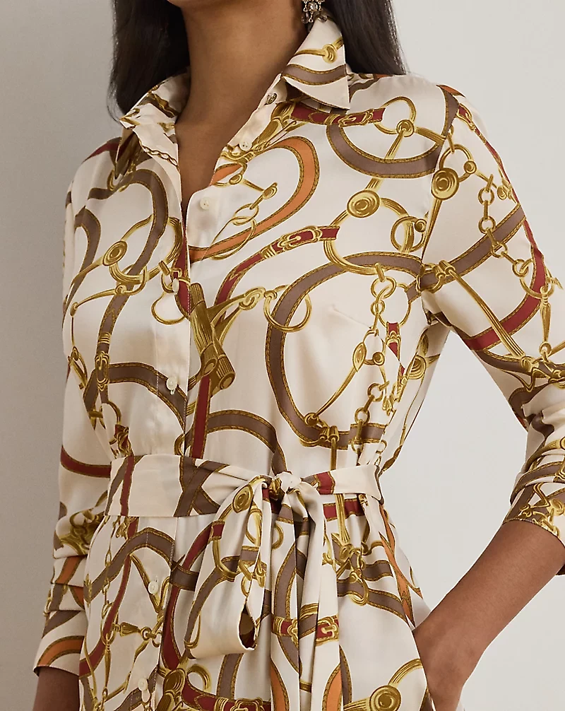 Belting-Print Twill Shirtdress
