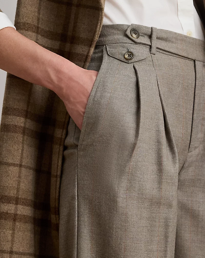 Pleated Wool Herringbone Wide-Leg Pant