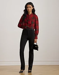 Checked Plaid Georgette Tie-Neck Blouse