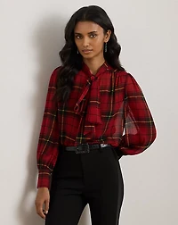 Checked Plaid Georgette Tie-Neck Blouse