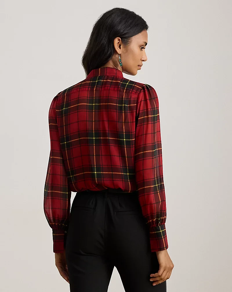 Checked Plaid Georgette Tie-Neck Blouse