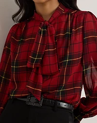 Checked Plaid Georgette Tie-Neck Blouse