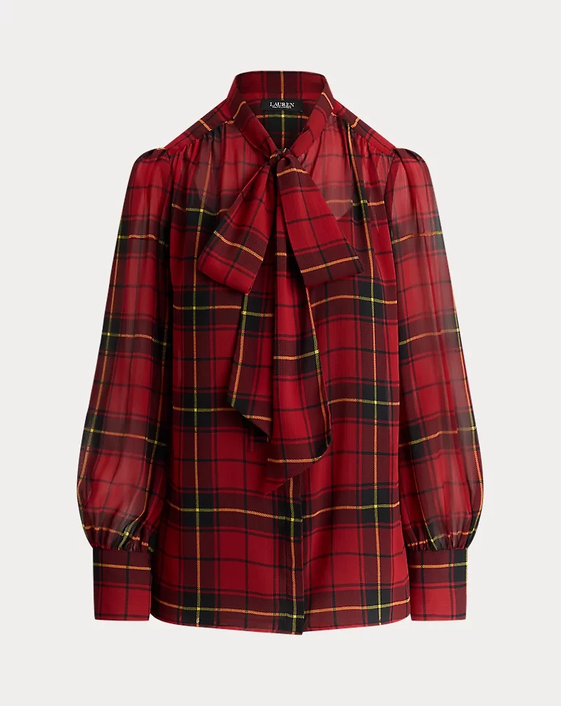 Checked Plaid Georgette Tie-Neck Blouse