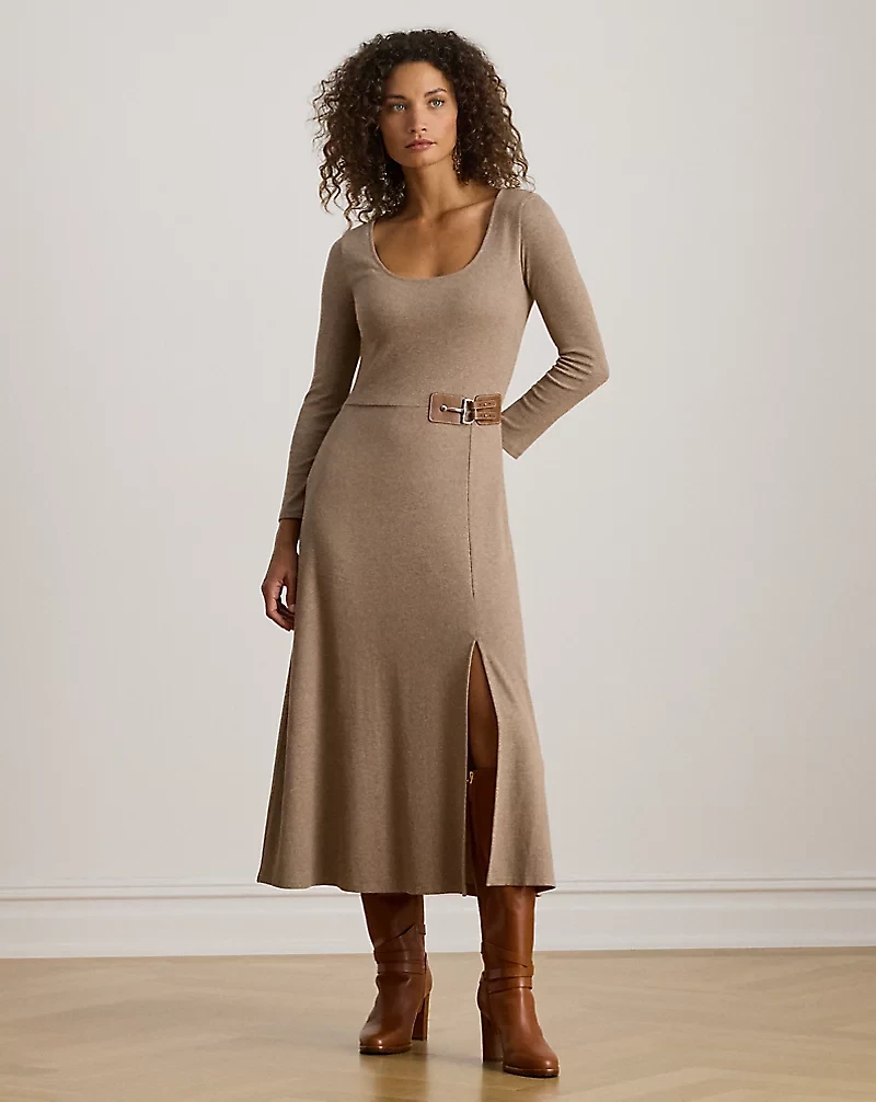 Buckle-Trim Rib-Knit Midi Dress