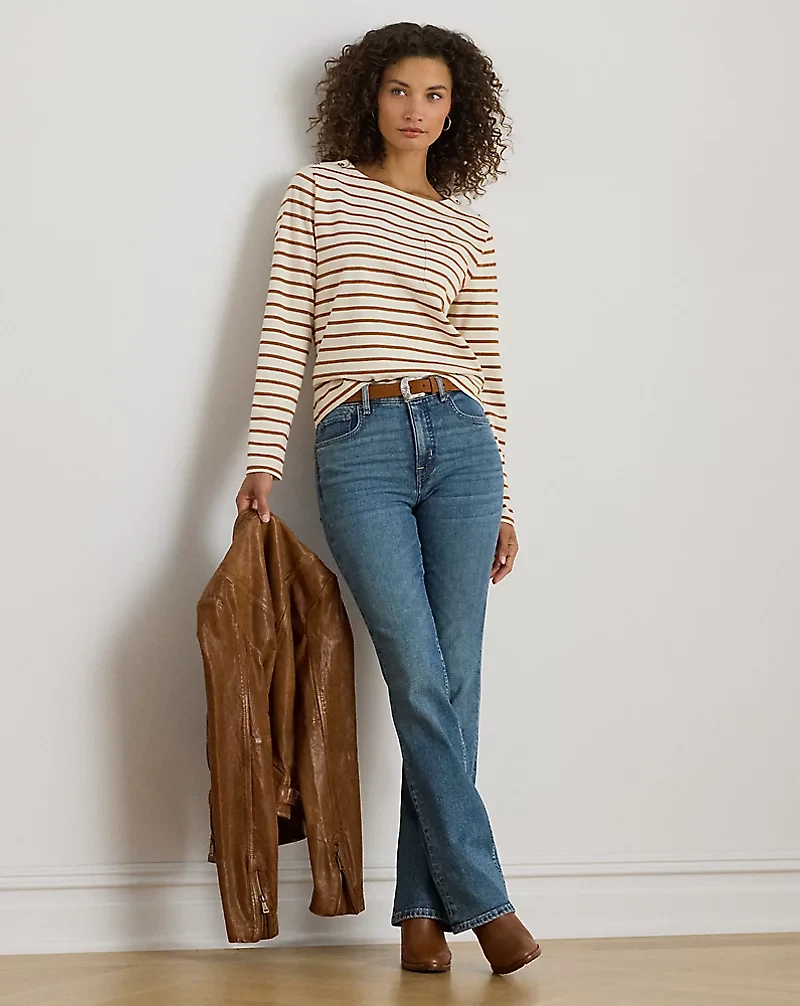Striped Jersey Snap-Trim Boatneck Top