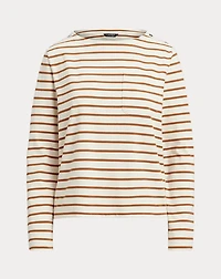 Striped Jersey Snap-Trim Boatneck Top
