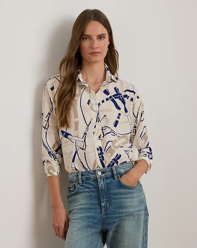 Relaxed Fit Belting-Print Crepe Shirt