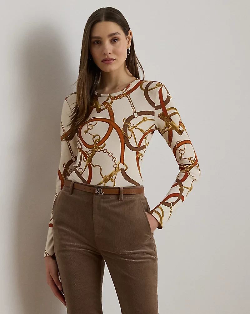 Belting-Print Cotton Long-Sleeve Tee