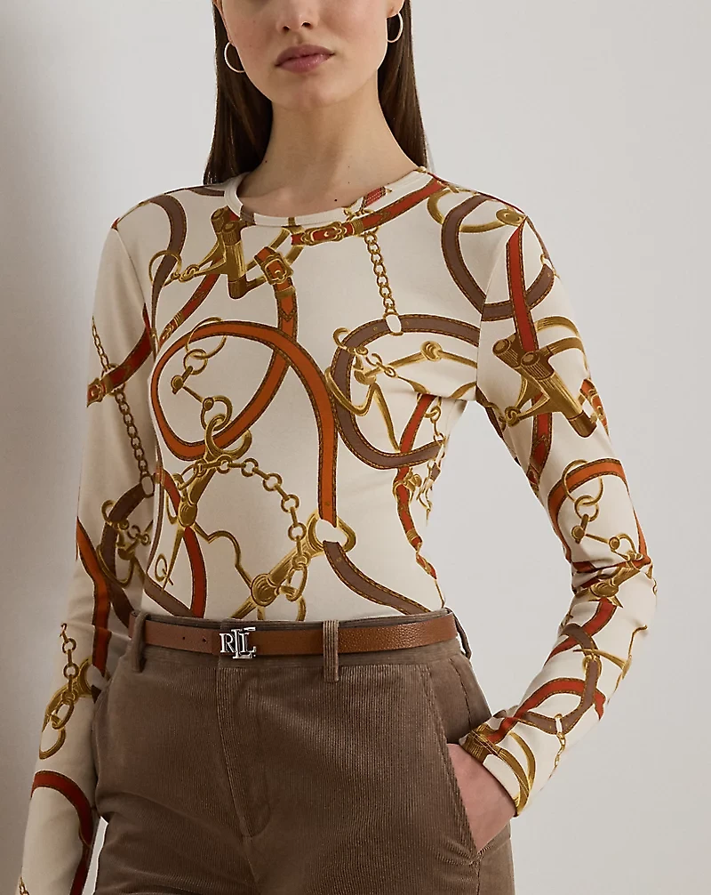 Belting-Print Cotton Long-Sleeve Tee