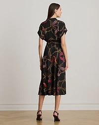 Belting-Print Belted Crepe Dress