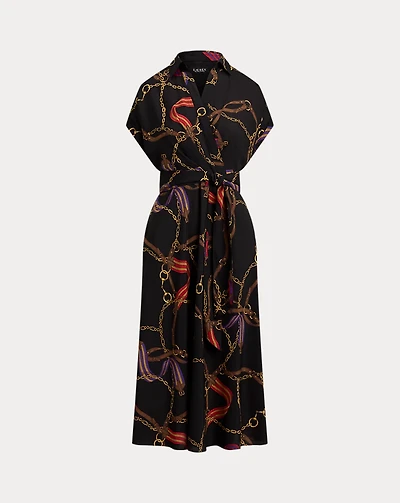 Belting-Print Belted Crepe Dress