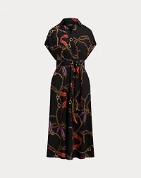 Belting-Print Belted Crepe Dress