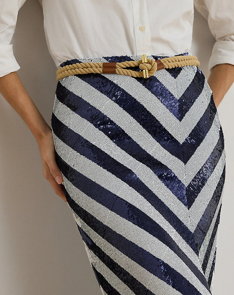 Striped Sequined Pencil Midi Skirt