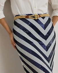 Striped Sequined Pencil Midi Skirt