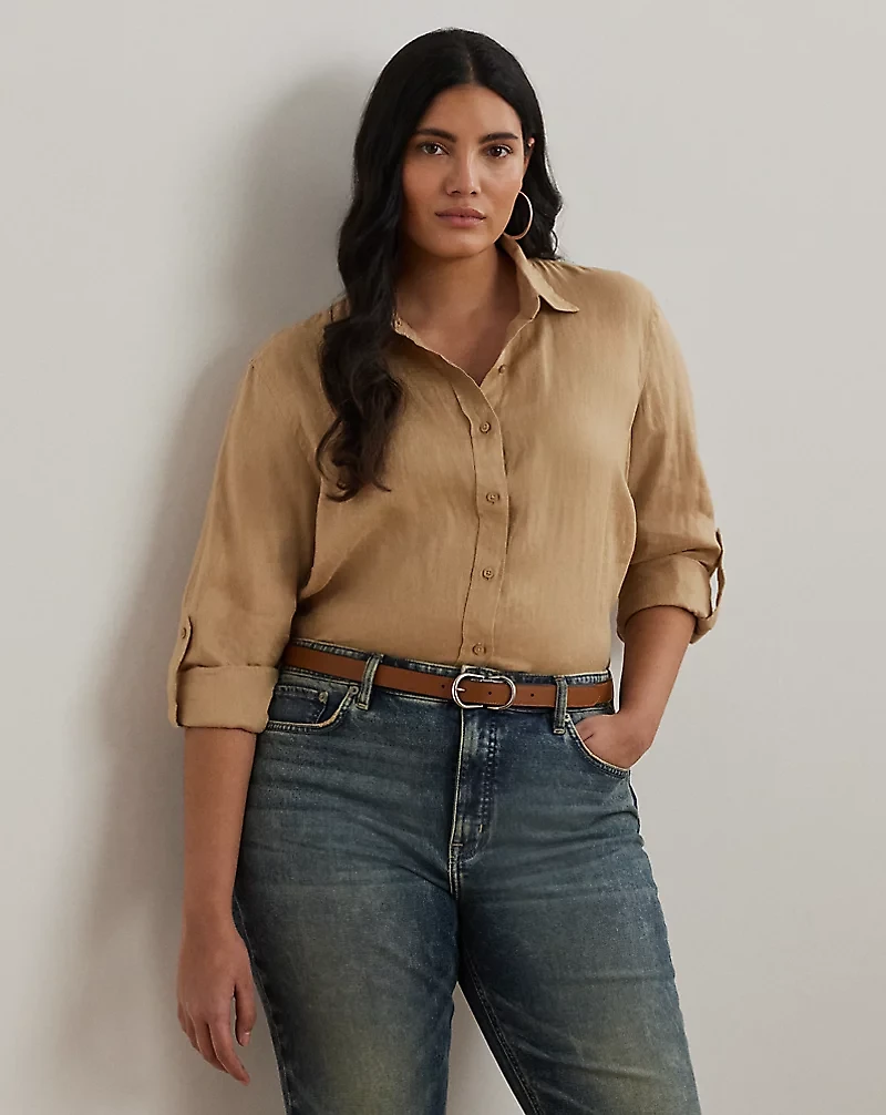 Relaxed Fit Linen Roll Tab–Sleeve Shirt