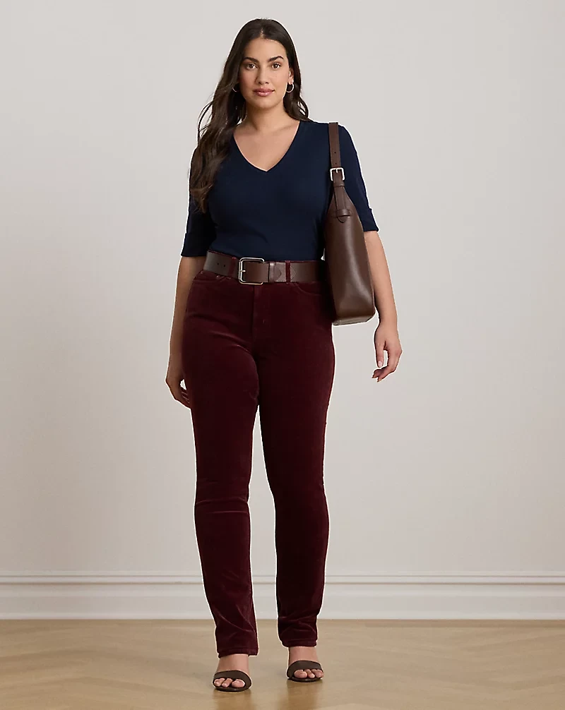 Stretch Cotton Elbow-Sleeve V-Neck Tee