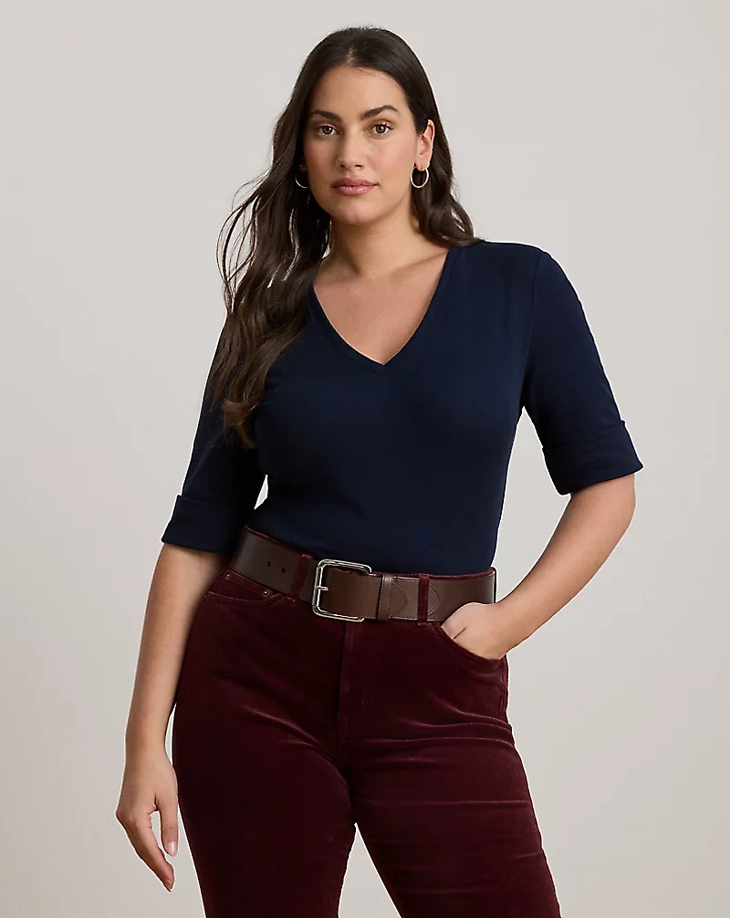 Stretch Cotton Elbow-Sleeve V-Neck Tee