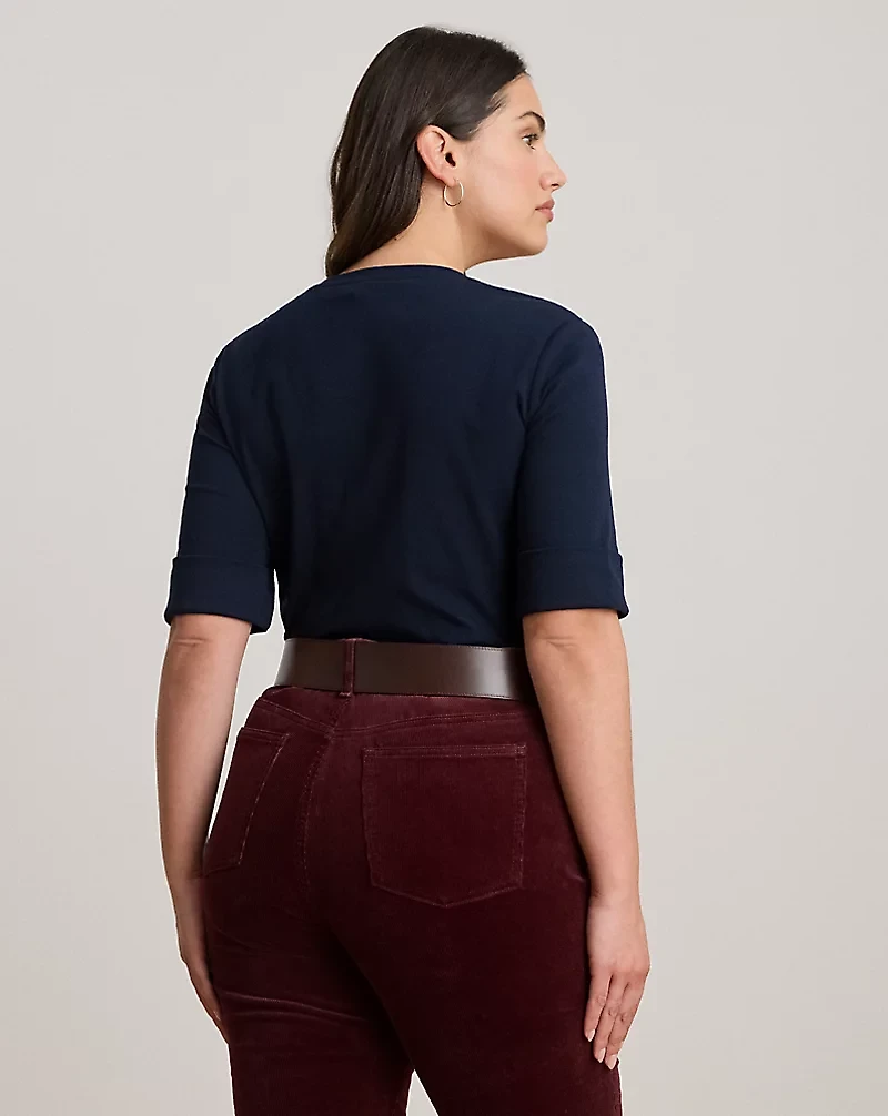 Stretch Cotton Elbow-Sleeve V-Neck Tee