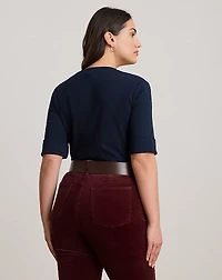 Stretch Cotton Elbow-Sleeve V-Neck Tee