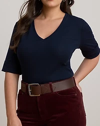 Stretch Cotton Elbow-Sleeve V-Neck Tee