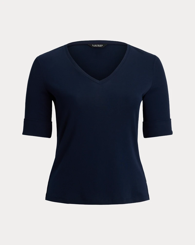 Stretch Cotton Elbow-Sleeve V-Neck Tee