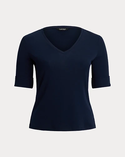 Stretch Cotton Elbow-Sleeve V-Neck Tee