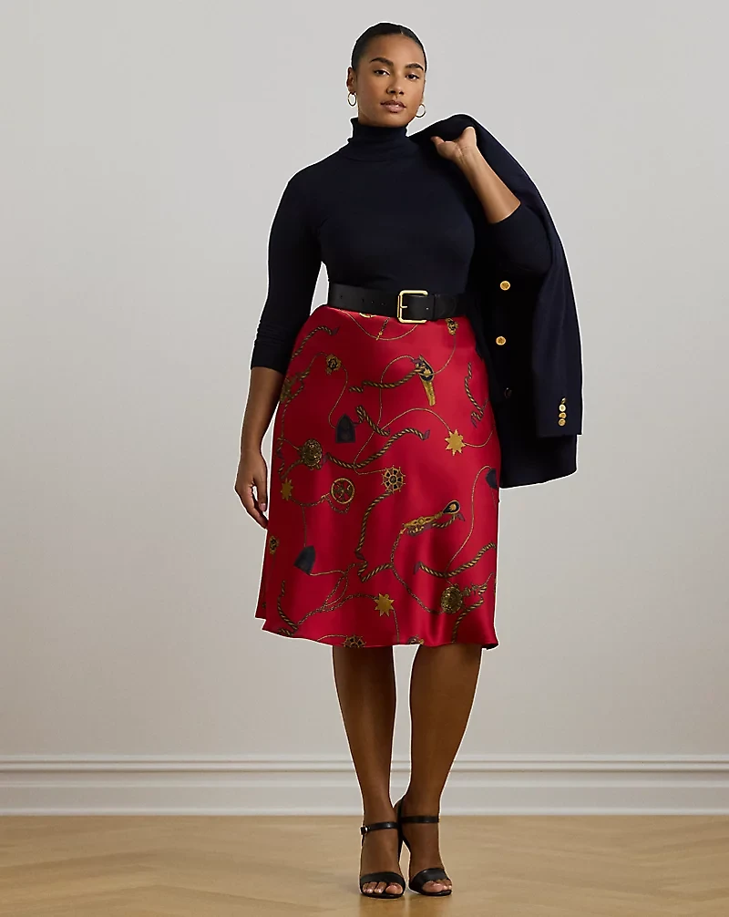 Belting-Print Satin Charmeuse Midi Skirt