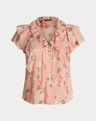 Floral Ruffle-Trim Georgette Blouse