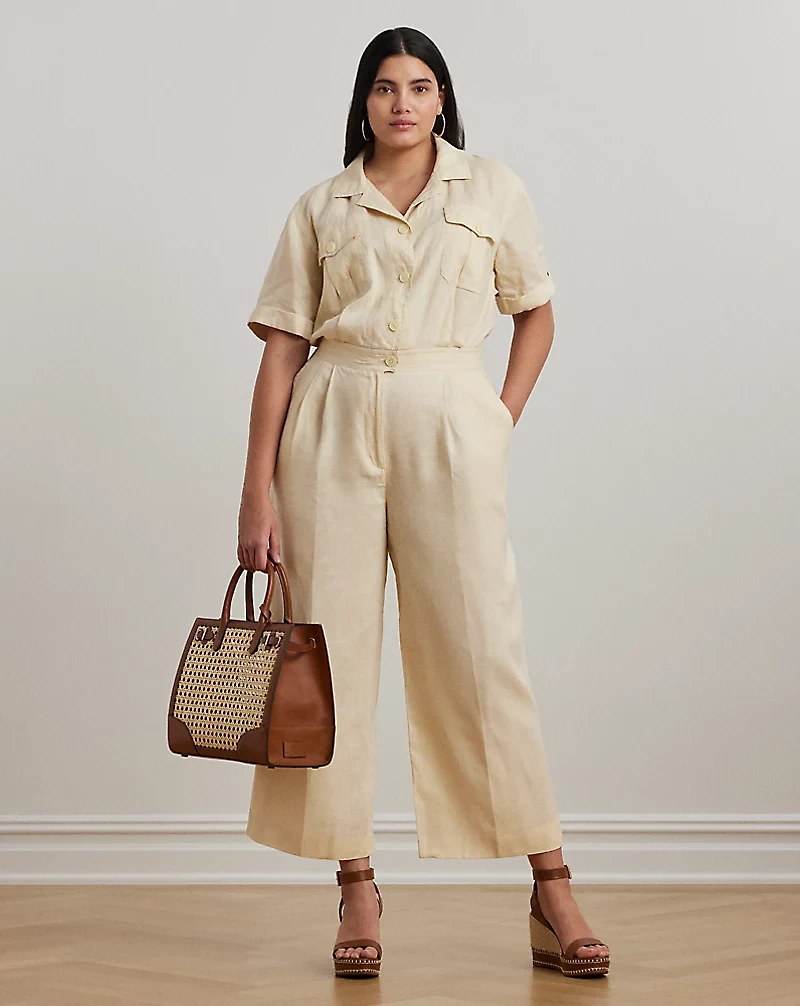 Embroidered Linen Short-Sleeve Jumpsuit