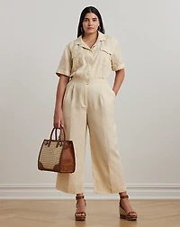 Embroidered Linen Short-Sleeve Jumpsuit