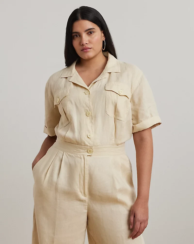Embroidered Linen Short-Sleeve Jumpsuit