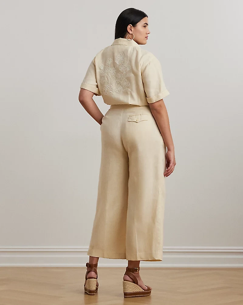 Embroidered Linen Short-Sleeve Jumpsuit