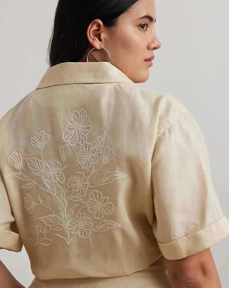 Embroidered Linen Short-Sleeve Jumpsuit