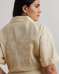 Embroidered Linen Short-Sleeve Jumpsuit