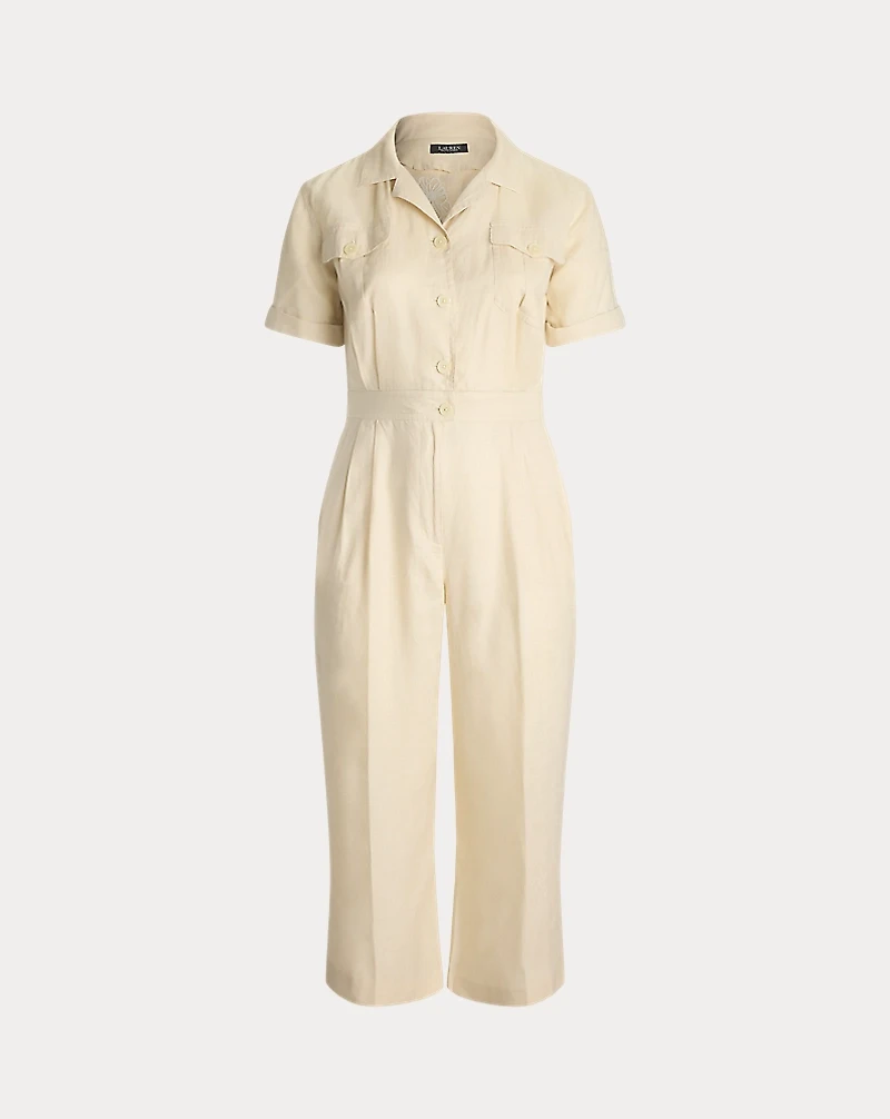 Embroidered Linen Short-Sleeve Jumpsuit