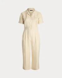 Embroidered Linen Short-Sleeve Jumpsuit