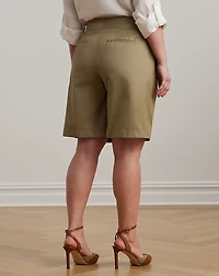 Buckle-Trim Pleated Cotton Twill Short