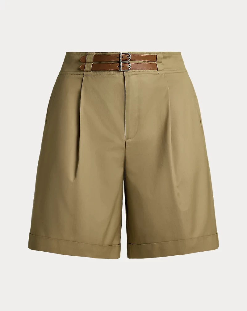 Buckle-Trim Pleated Cotton Twill Short