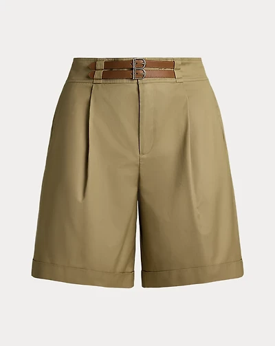 Buckle-Trim Pleated Cotton Twill Short