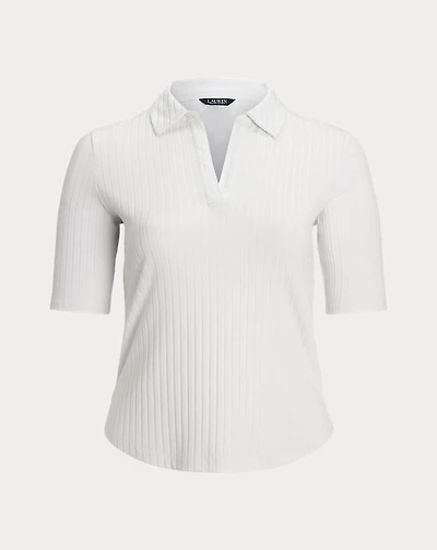 Rib-Knit Elbow-Sleeve Polo Tee