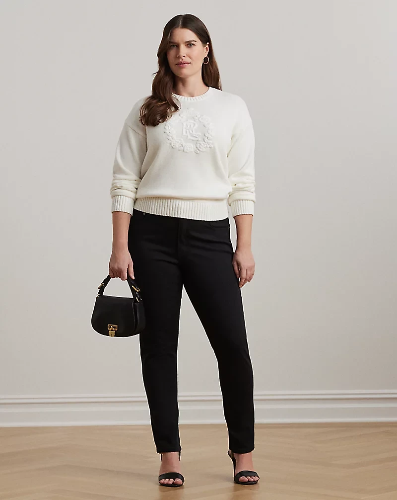 Floral-Logo Combed Cotton Sweater