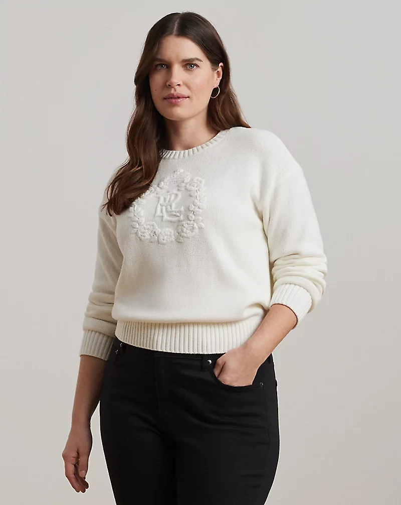 Floral-Logo Combed Cotton Sweater
